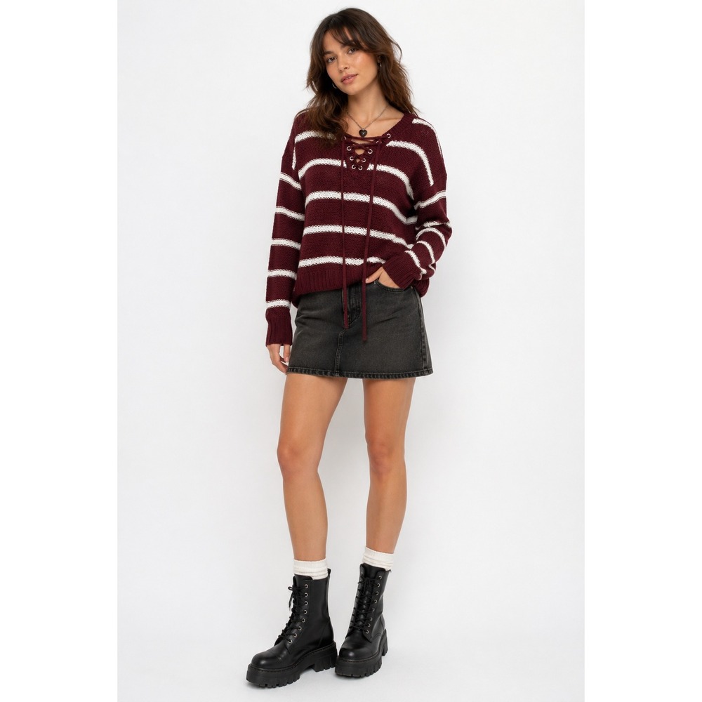 Y2K Lace Up Striped Sweater Top M Burgundy Cream Preppy Collegiate Rue21 Knit